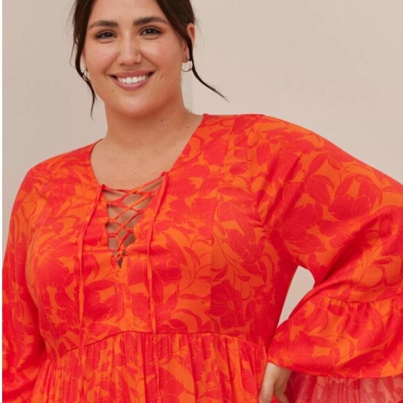 TORRID (2X) Lace Up Hi-Low Babydoll Dress Stretch Challis Floral Orange - Picture 3 of 9